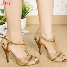 Brand 2015 Glitter Gold Ladies Ballroom Latin Dance Shoes Modern Ankle Strap Dancing Shoes High Heeled Women Salsa Shoe Female