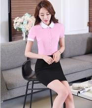 Formal Business Suits Tops And Skirt 2016 Summer Short Sleeve Uniform Styles OL Office Ladies Shirts Blouse Sets Novelty Pink