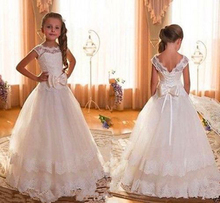 New Cap Sleeve Backless Ivory Lace Flower Girl Dresses For Weddings 2016 Bow Floor Length First Communion Dresses For Girls