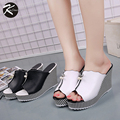 Kimfoxes Summer Women Pumps High Heels Slippers Exquisite Crystal Pearl Wedge Slides for Ladies Party Shoes