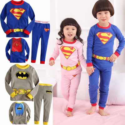 2014 New Autumn Kids Pajamas Fashion Long Sleeve O-neck Superman & Batman Baby Pijamas Boy Children Clothing Set  5 sets / lot