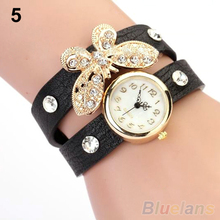 Retro Vintage Type Women s Butterfly Pendant Rhinestone Leather Bracelet Quartz Wrist Watch Clock 1N3H