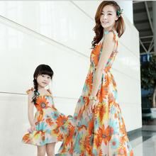 summer dress mother daughter dresses family matching outfits maxi dresses long sleeveless orange flower dress girls sundress