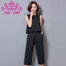 2016 new Striped chiffon shirt and Wide leg pants black and white color lady suits 2 piece set women