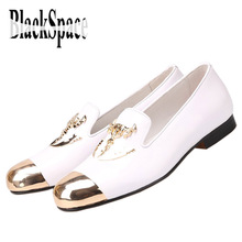 Black Space 2016 New Metal Toe and Metal Skull buckle Men White leather casual shoes Men party and wedding Loafers Men’s Flats