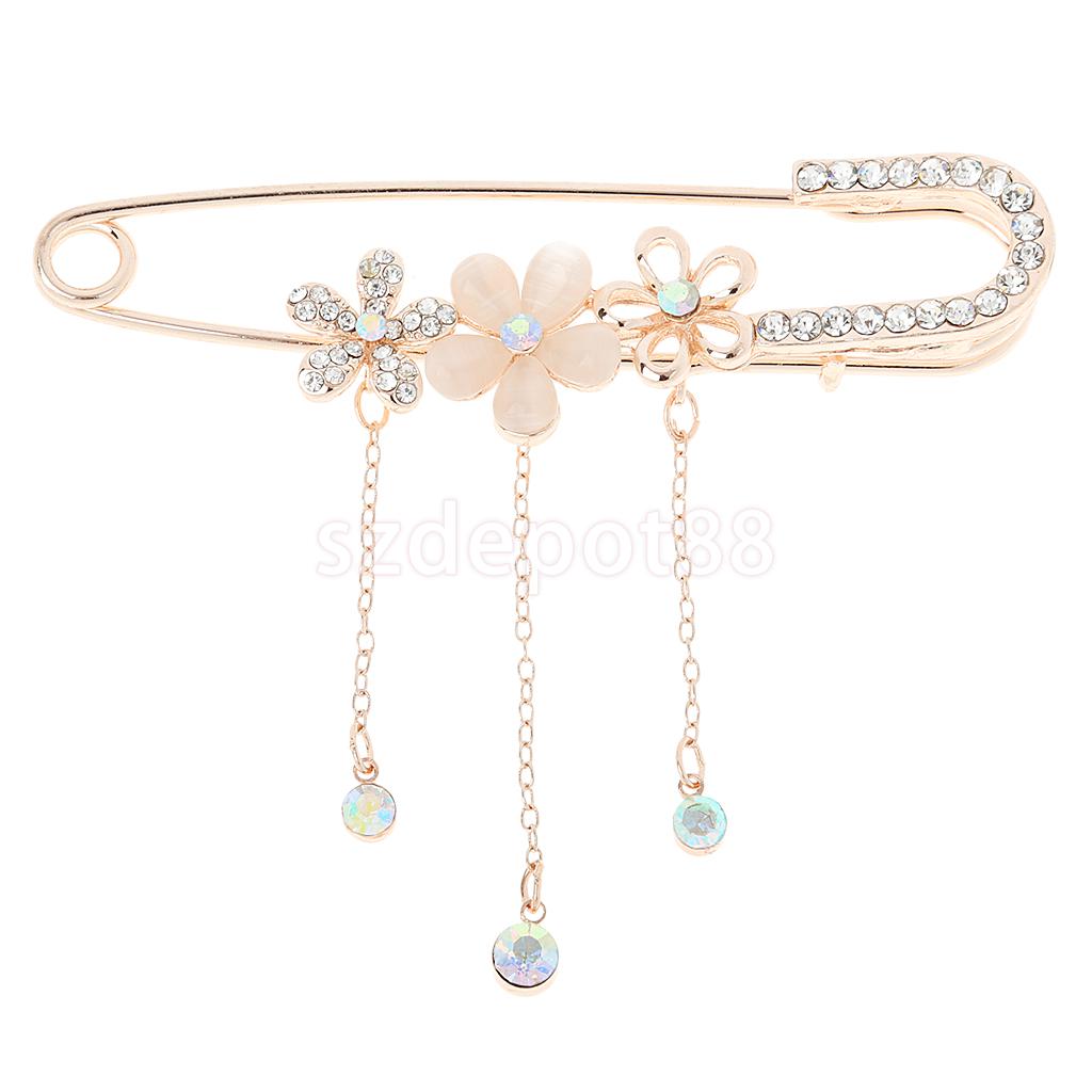 Women Rhinestone Metal font b Kilt b font Pin Crystal Flower Brooch Large Safety Pin Gold