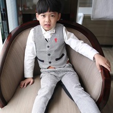 Korean children boy gentleman vest Pant Suit 2 sets of children age paragraph the chequered leisure suit