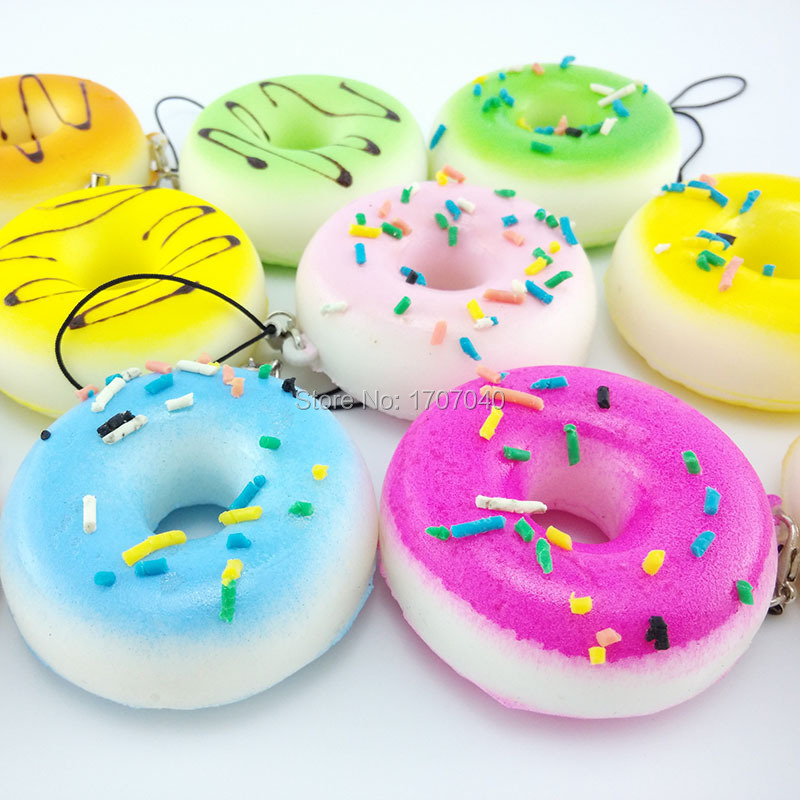 30pcs/lot Bread Scented 5CM Donuts Soft Squishy Colorful Cell phone Charms Key Chain Cute Straps