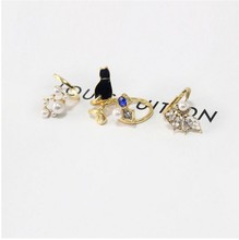 2015 Hot Sell Crystal Black Cat Simulated Pearl Zircon Nail Rings Set For Women Anillos Resizable