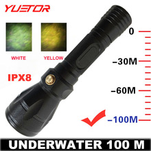YUETOR ipx8 waterproof professional diving flashlight 2000 LM cree XML-L2 torch 18650 rechargeable battery white yellow light