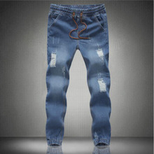 Classic Mens Joggers Light Blue Biker Denim Pants Male Elastic Waist Drawstring Trend Slim Fit Men Casual Jeans Jogging Pant 5X