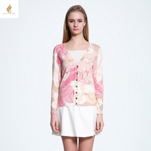 Russian spring printed short cardigan v-neck long-sleeve Pink flowers Knitting cardigan sweater thin coat feminino Crochet tops