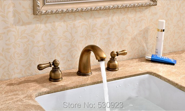 Newly US Free Shipping Antique Brass Vintage Style Bathrom Sink Basin Vessel Faucet Dual Handles Mixer Tap Deck Mounted