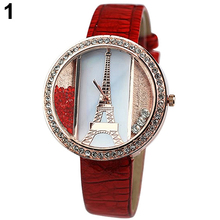 Hot 2015 mujeres de la torre Eiffel Rhinestone arenas movedizas Dial de cuero de imitación de cuarzo reloj de pulsera