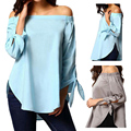 Women s Large Size Slim Polyester Cotton Off Shoulder Slash neck Casual Long Sleeve Blouse Top