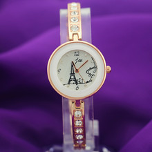 Alloy metal bracelet band with big diamond deco,round gold case,effeil tower imprint dial,JW fashion woman lady quartz watches