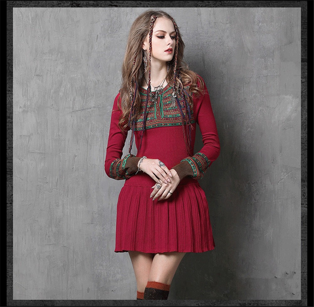 Vintage High Quality Winter Warm Cotton Dress Long Sleeve Vintage Pencil Dress Women Knitted Dress Vestido Pleated Dresses (12)