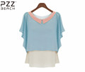 Peter Pan Collar Cute Pink Blue Blouse Casual Short Sleeve Blusa Patchwork Roupas Feminino Solid Top