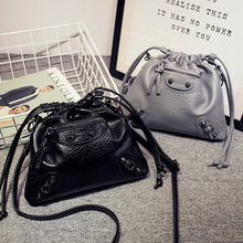 FASHION MINI WOMEN’S SHOULDER BAG BLACK GREY STYLISH WASHED LEATHER SMALL SINGLE SHOULD BAG RIVET STRING CLOSURE FREE SHIPPING