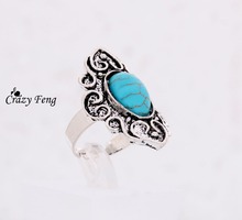 Vintage Oval Tibet Alloy Antique Silver Plated Flower Turquoise Bead Adjustable Rings Fashion Jewelry Accessories