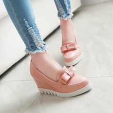 Korean Style Fashion Large Size 40 41 42 43 Black Pink Blue White PU Round Toe Bowknot Elegant Comfort Slope Heels Wedges Shoes