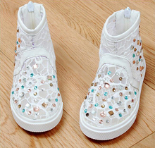 2016 Summer New Children Breathable Mesh Princess Shoes Fashion Sparkling DIY Rhinestones Girls High Parent child