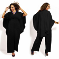 2016 Chiffon Elegant Jumpsuit Rompers Women Sexy V Neck White Black Cape Poncho Jumpsuit Plus Size