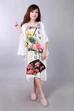White Painting Chinese Women’s Silk Rayon Nightgown Robe Gown Flower Free Shipping S0108