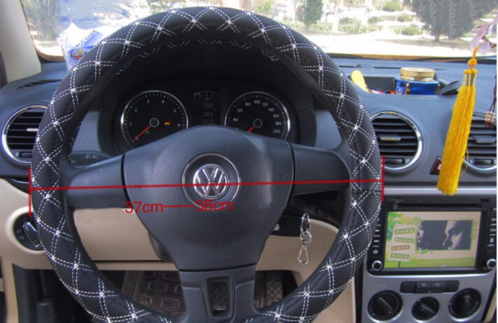 Microfiber Leather Steering Wheel Cover Stitched with White Thread Line (2)