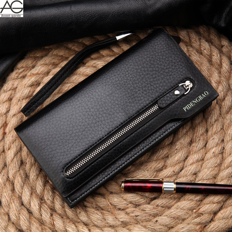 2015 New fashion brand black genuine leather men wallets long high quality brown clutch purses carteira