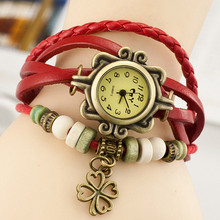 New Fashion Hot Colorful Vintage Women Watches Clover Weave Wrap Rivet Leather Bracelet Wristwatches Watch Hand Knit