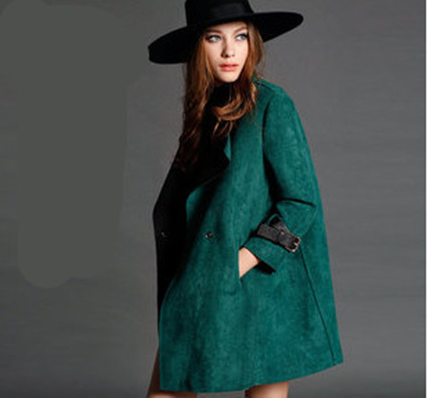 European new qiu dong outfit 2015 deer faux suede trench coat in long big coat coat lapels