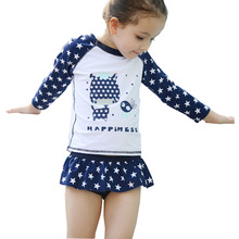 Summer Style 3pcs Girl Navy Bikinis Swimsuit With Hat in Stars Long Sleeve Swimwear Print UV Protect From Sunshine SZ 3-8 Years