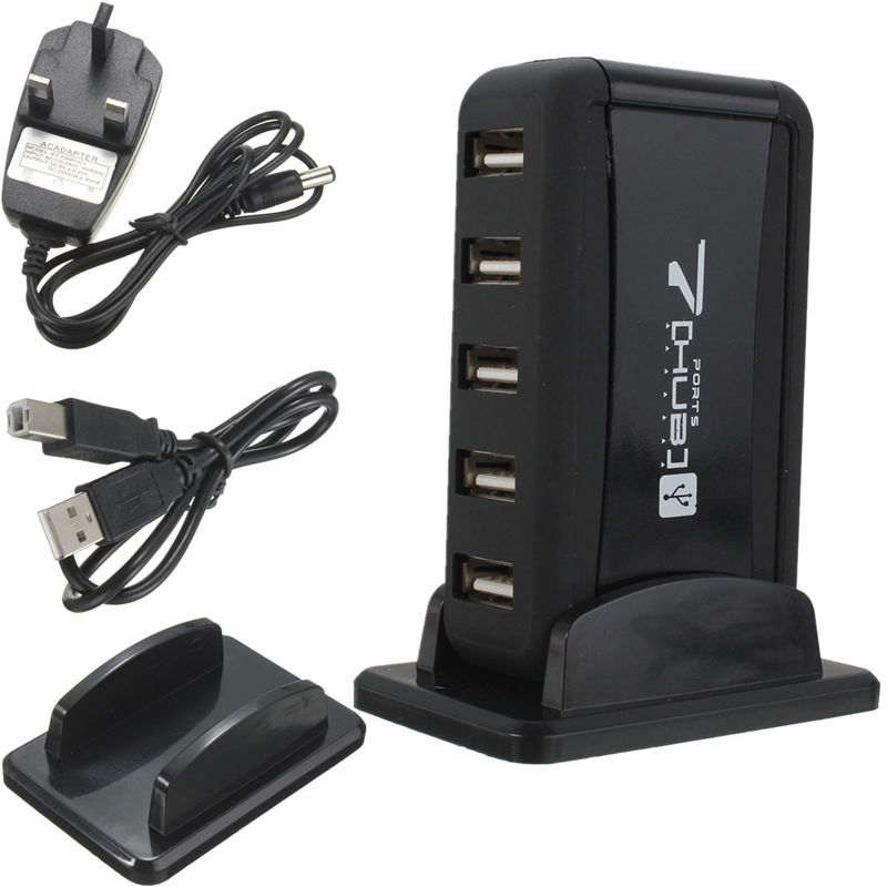 Brand New High Speed 7 Port USB 2.0 Multi Hub Expansion Splitter With EU/US/UK Power Adapter For Windows PC Laptop Computer