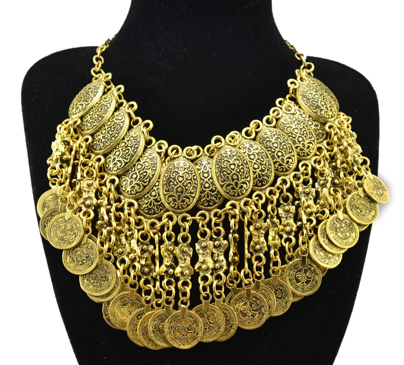 Bohemian Jewelry Choker Collar font b Necklace b font Carved Flower Coin Tassels Statement font b