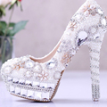 White Luxurious Pearl and Crystal Platform Wedding Shoes for Bridal and Prom Pumps genuine leather party