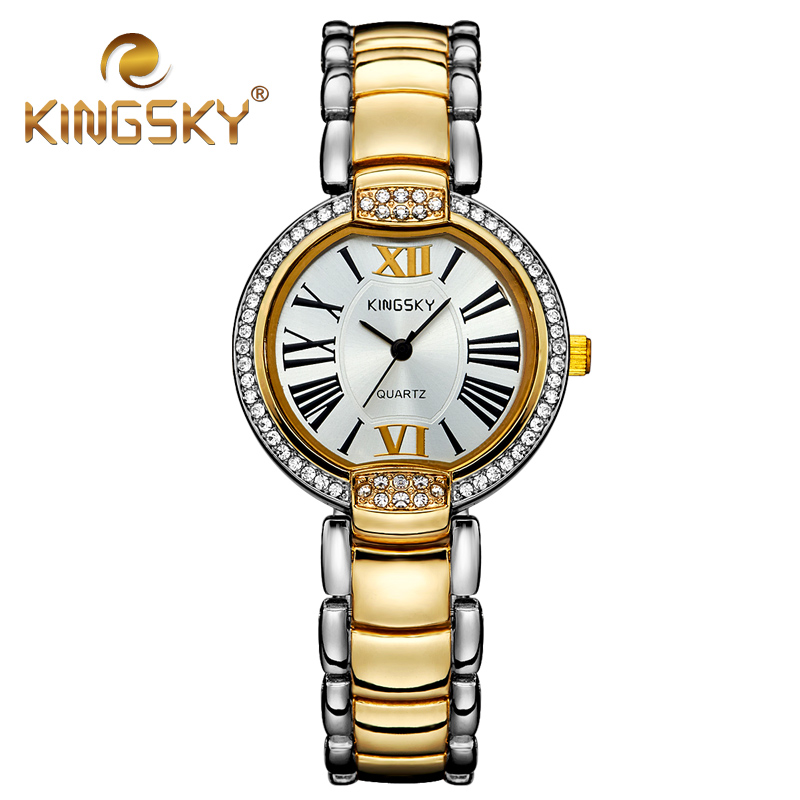 Diamond Roman Numerals Gold Quartz Kingsky Watch Dress 2015 Fashion Casual Alloy Lady Two Tone Classic