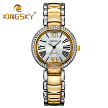 Diamond Roman Numerals Gold Quartz Kingsky Watch Dress 2015 Fashion Casual Alloy Lady Two Tone Classic Wrist