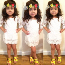 Floral Dresses Children Crochet Girls Baby Kids Clothing 3/4 Sleeve Princess Lace Tutu Brief Party Mini White Dress Girl 2-11Y
