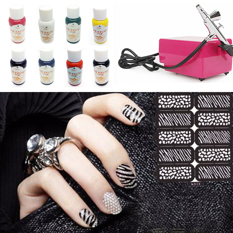 Airbrush Kit For Nail Art Air Brush With Compressor+8 Colors Newest Nail ink For Nail Beauty