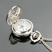 Antique Women Silver Tone Hollow Round Quartz Pocket Watch Necklace Chain New