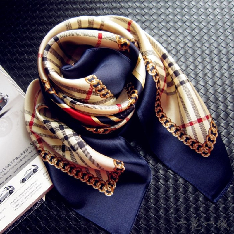 90 90cm font b Plaid b font Neck Scarf Femme Bandanas Luxury Brand Women s Square