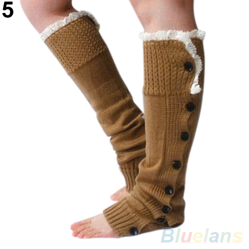 Women s Crochet Knitted Stocking Leg Warmers Button Lace Trim Legging Boot 1SXE