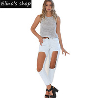 Elina 2015 Fashion brand hole denim jardineira bottom ripped boyfriend jeans for women pantalones vaqueros mujer femme