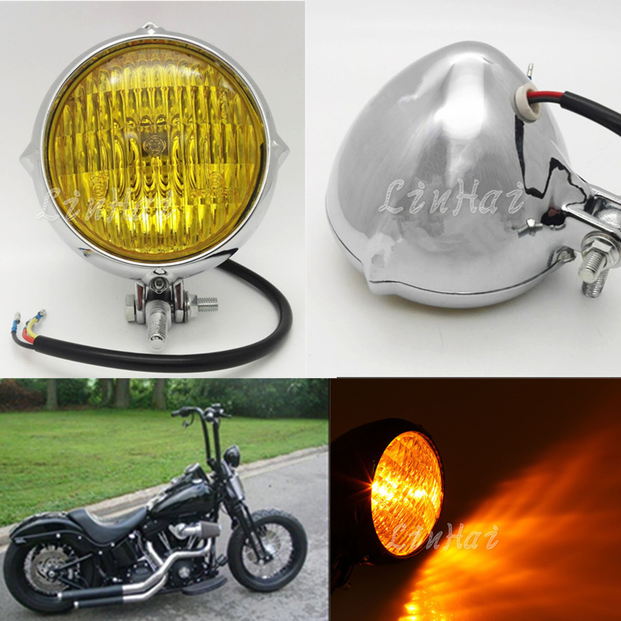 Chrome Polished Vintage Bates Style Headlight Lamp Amber Lens For