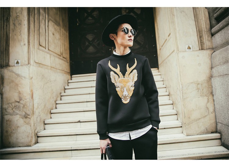 Mens hoodies and sweatshirts pullover cotton 2015 fashion winter Deer Embroidered loose casual sweatshirt black 2