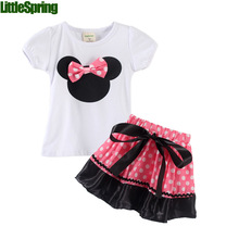 Girls clothes 2016 Summer Cartoon cat New children clothing 2PC Sets dots t shirt + short Skirt Cotton Suit baby Clothing sets