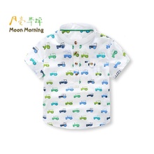 Moon Morning Summer Boy White Shirts New Printing Car Tops Mandarin Korean Short Sleeve Brand Designer Children Clothes 2T~9T