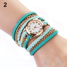2014 New FAshion Hot Colorful Vintage women watches Weave Wrap Rivet Leather Bracelet wristwatches watch 0YUW