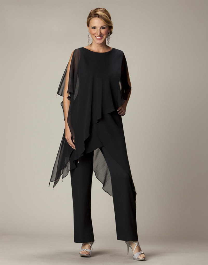 Black Chiffon Mother Of The Bride Pant Suit Bride Goom Formal Outfits Evening Elegant Plus Size